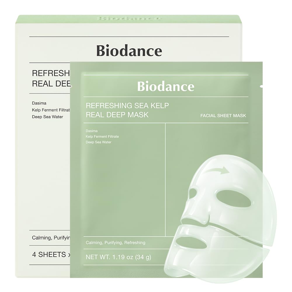 BIODANCE Refreshing Sea kelp Real Deep Mask, Overnight Hydrogel Face Mask, Calming, Oil & Sebum Control, Blemish Care, After Sun Care, Sunburn Relief, Korean Skin Care | 1.19oz(34g) x 4ea