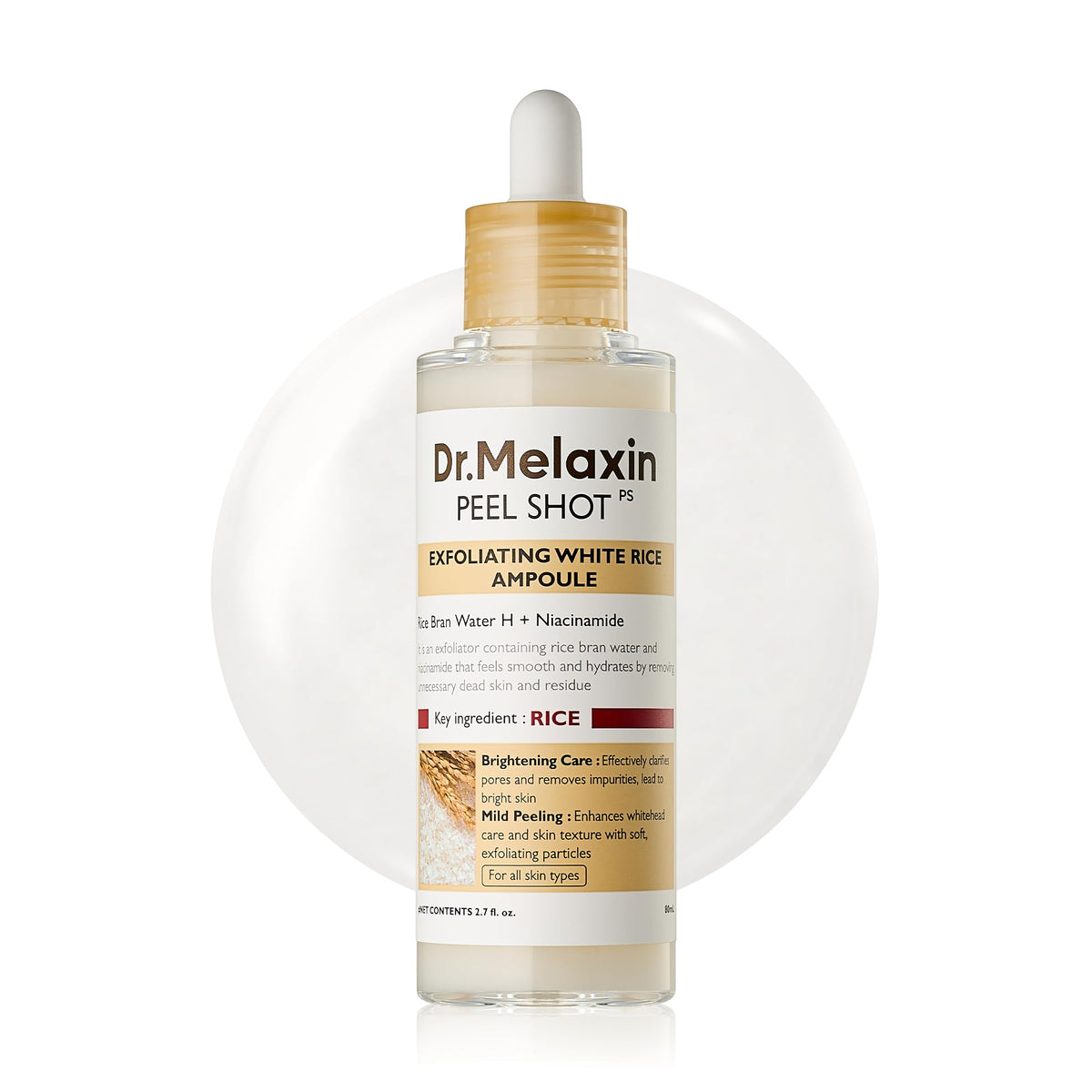 Dr.Melaxin Peel Shot Glow White Rice Peeling Ampoule with Rice Extract & AHA BHA, Brightening & Gentle Exfoliating Serum for Sebum Control, Niacinamide & Hyaluronic Acid, Korean Skincare, 2.71 fl.oz