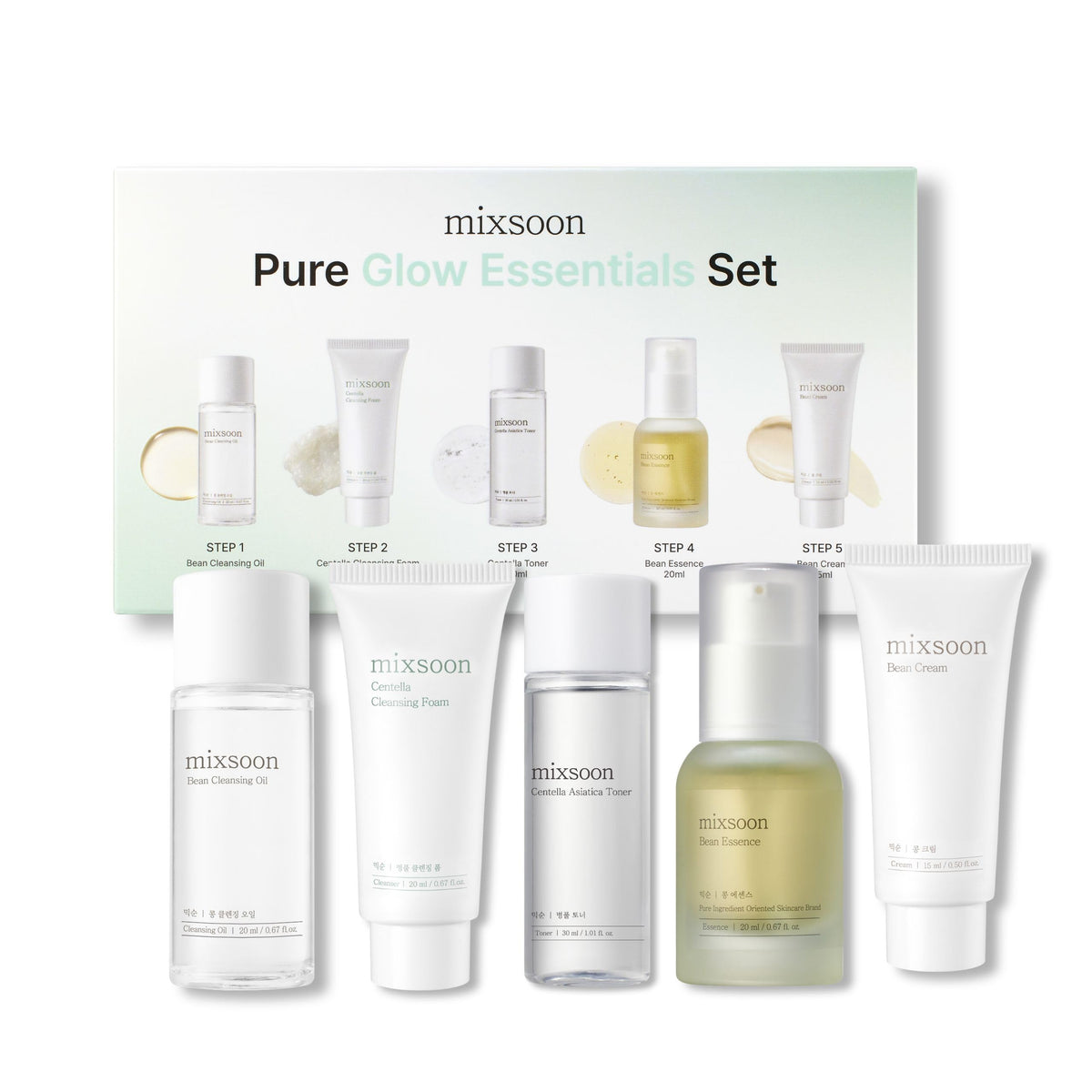 mixsoon Pure Glow Essentials Set - 5-Step Skincare Kit - Travel kit, Travel size kit, Hydrating Skincare Gift Set (15ml*1+20ml*3+30ml*1) Korean Glass Skin Care