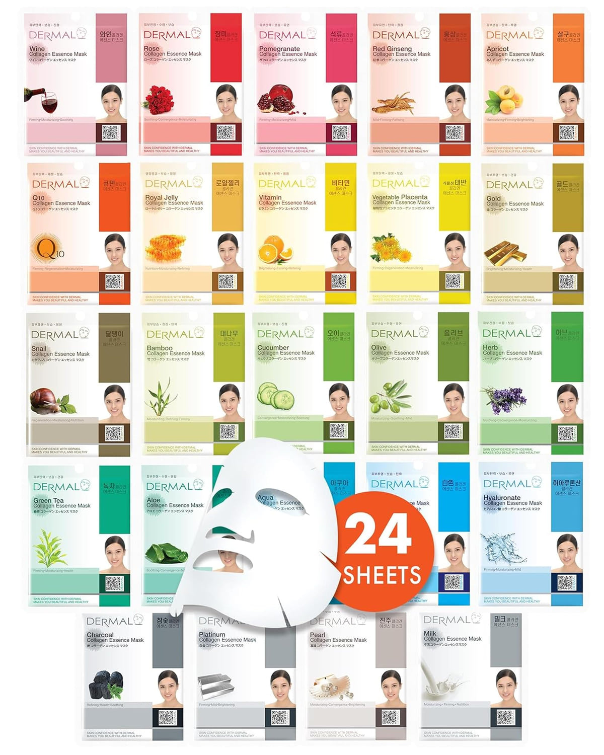 DERMAL 24 Combo Korean Essence Sheet Mask Variety Pack, Collagen & More