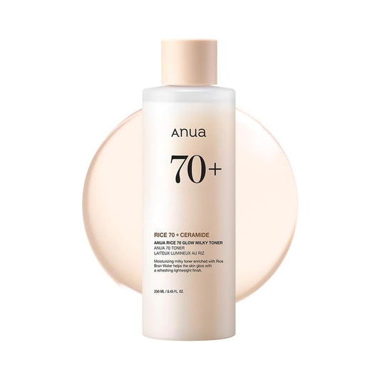 ANUA Rice 70 Glow Milky Toner, for Glass Skin, Rice Water, Niacinamide, Ceramides, Panthenol, Fragrance-Free, Non comedogenic, Fungal Acne Safe, Korean Skin Care, 250ml/8.45fl.oz.
