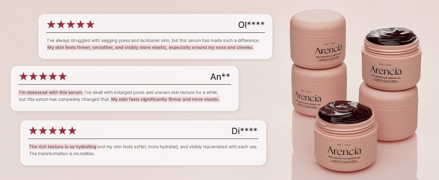 Arencia Máscara Facial Sérum Noturna de Smoothie Vermelho, Iluminadora e Calmante com 30% de colágeno vermelho, Niacinamida, Peptídeo, Vitamina E