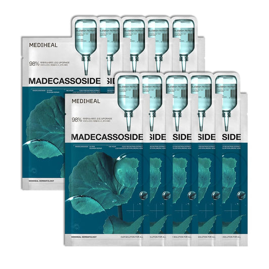 Mediheal Máscara Facial de Tecido Essencial Madecassoside Reparação de Manchas 10 unid. 98% de Pureza Madecassoside e Ácido Hialurônico Incluídos. Melhora a Barreira de Umidade e Cuida da Textura da Pele. Fórmula Vegana Máscara de Tecido