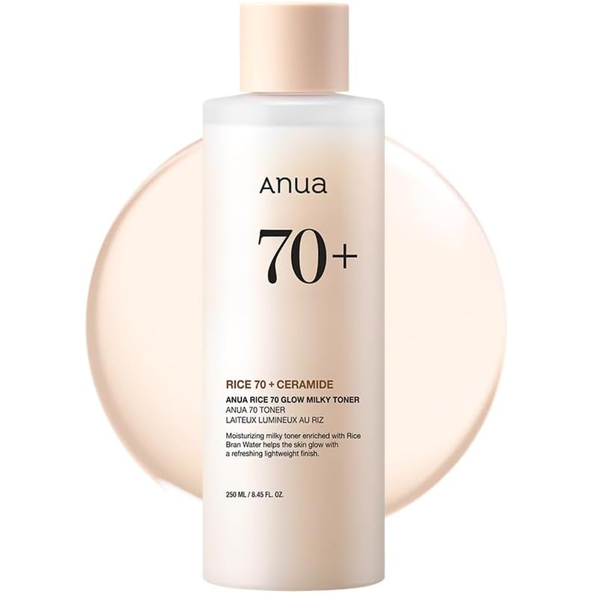 ANUA Rice 70 Glow Milky Toner, para Piel de Cristal, Agua de Arroz, Niacinamida, Ceramidas, Pantenol, Sin Fragancia, No Comedogénico, Seguro para Acné Fúngico, Cuidado de la Piel Coreano, 250ml/8.45fl.oz.
