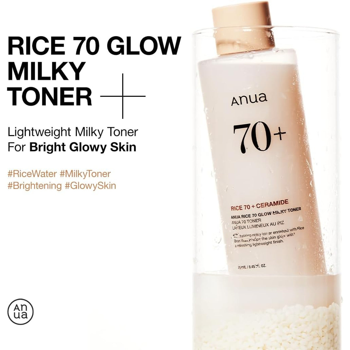 ANUA Rice 70 Glow Milky Toner, para Piel de Cristal, Agua de Arroz, Niacinamida, Ceramidas, Pantenol, Sin Fragancia, No Comedogénico, Seguro para Acné Fúngico, Cuidado de la Piel Coreano, 250ml/8.45fl.oz.